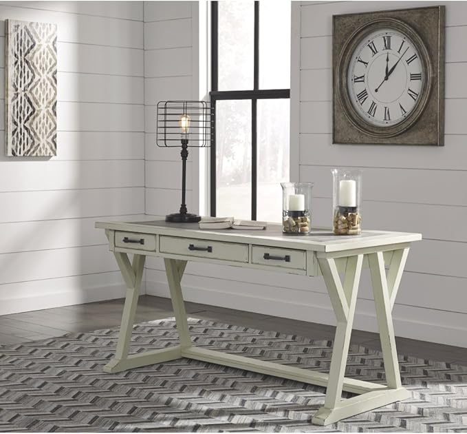 Signature Design by Ashley Jonileene Farmhouse Home Office Desk with Drawers, White & Gray - LeafyLoom