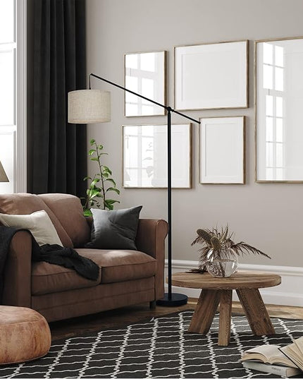 SURAIELEC Arc Floor Lamp, Overhang Cantilever Standing Floor Lamp for Couch, Sofa, Reading, Living Room, Bedroom, Adjustable Balance Arm, Natural Linen Drum Shade, Matt Black Metal Pole, Foot Switch - LeafyLoom