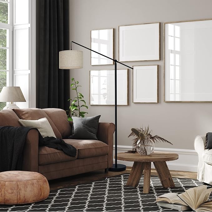 SURAIELEC Arc Floor Lamp, Overhang Cantilever Standing Floor Lamp for Couch, Sofa, Reading, Living Room, Bedroom, Adjustable Balance Arm, Natural Linen Drum Shade, Matt Black Metal Pole, Foot Switch - LeafyLoom