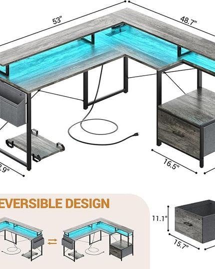 Unikito L Shaped Desk with File Drawer, Reversible L Shaped Computer Desk with Power Outlet & LED Lights, Home Office Desk Corner Desk with Monitor Shelf and Printer Cabinet, Gaming Desk, Black Oak - LeafyLoom