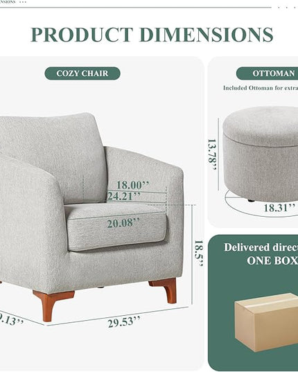 COLAMY Accent Chairs & Ottoman Set of 2, Upholstered Fabric Living Room Chair Armchair with Back Pillow and Wooden Legs for Reading Room, Light Grey - LeafyLoom