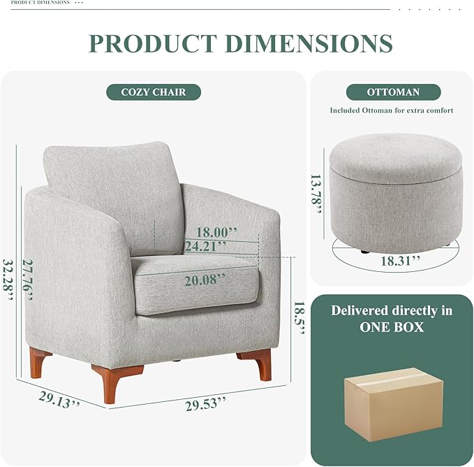 COLAMY Accent Chairs & Ottoman Set of 2, Upholstered Fabric Living Room Chair Armchair with Back Pillow and Wooden Legs for Reading Room, Light Grey - LeafyLoom