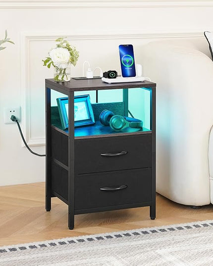Yoobure Nightstand with Charging Station, LED Night Stand with Fabric Drawers and Storage Shelf for Bedroom, Nightstands Bedside Tables with USB Ports & Outlets, Small Night Stands, Bed Side Table - LeafyLoom
