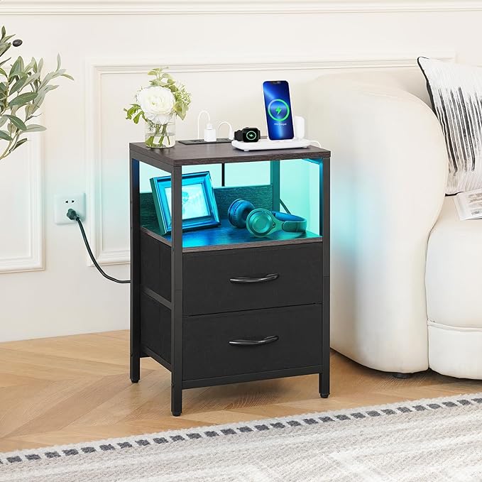Yoobure Nightstand with Charging Station, LED Night Stand with Fabric Drawers and Storage Shelf for Bedroom, Nightstands Bedside Tables with USB Ports & Outlets, Small Night Stands, Bed Side Table - LeafyLoom