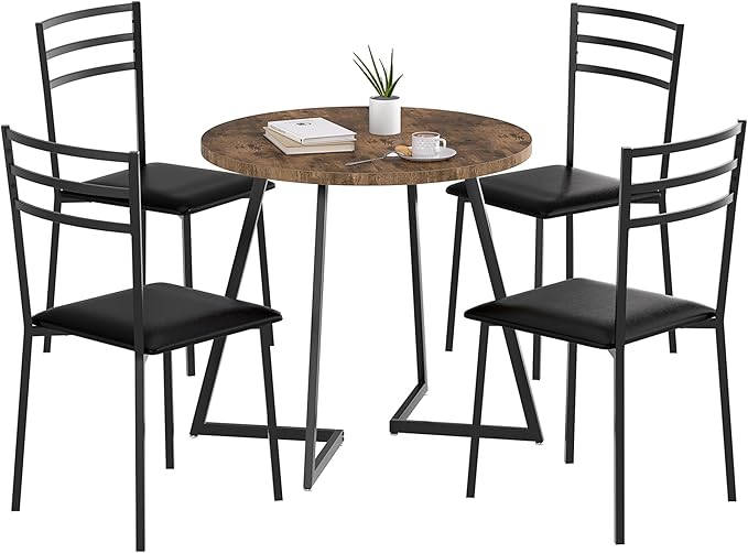 VECELO Round Dining Table with Steel Frame for 2-4 People, Space Saving for Home, Kitchen, Apartment, Antique Brown - LeafyLoom