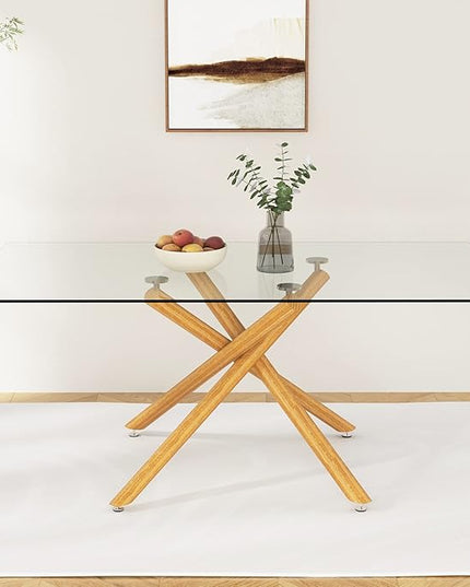 NicBex Large Modern Minimalist Rectangular Glass Dining Table for 6-8 with 0.39" Tempered Glass Tabletop and Wood Color Metal Legs, for Kitchen Dining Living Meeting Room Banquet Hall, Wood - LeafyLoom