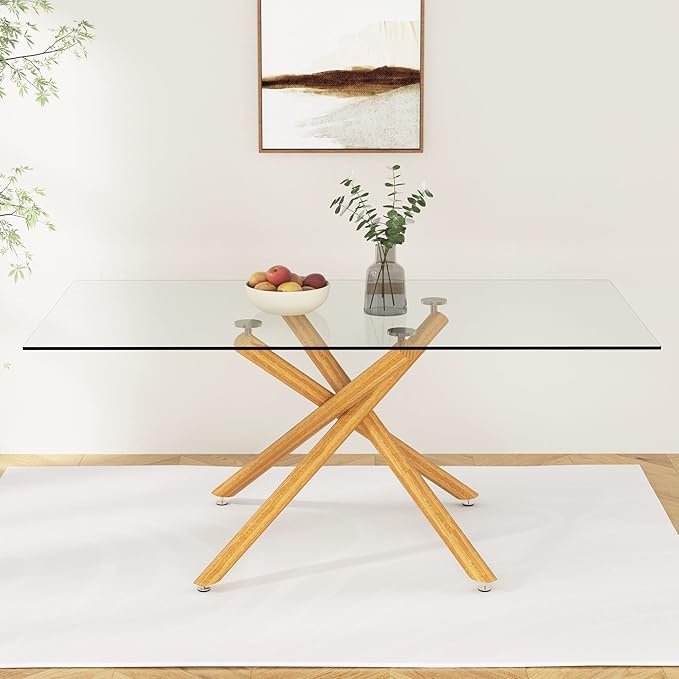 NicBex Large Modern Minimalist Rectangular Glass Dining Table for 6-8 with 0.39" Tempered Glass Tabletop and Wood Color Metal Legs, for Kitchen Dining Living Meeting Room Banquet Hall, Wood - LeafyLoom