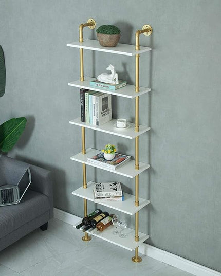WGX Design For You Industrial 6-Tiers Modern Ladder Shelf Bookcase,Wood Storage Shelf,Display Shelving, Wall Mounted Wood Shelves(Gold) - LeafyLoom