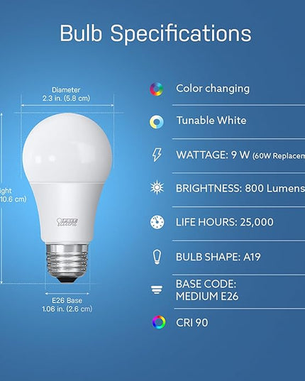 Feit Electric Smart Light Bulbs with RGB Color Changing and Tunable White, 2.4Ghz WiFi Light Bulbs, No Hub Needed, Works with Alexa and Google, Dimmable 60 Watt = LED 9W, OM60/RGBW/CA/AG/3, 3 Pack FeitElectricCompany