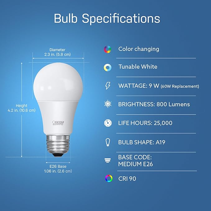 Feit Electric Smart Light Bulbs with RGB Color Changing and Tunable White, 2.4Ghz WiFi Light Bulbs, No Hub Needed, Works with Alexa and Google, Dimmable 60 Watt = LED 9W, OM60/RGBW/CA/AG/3, 3 Pack FeitElectricCompany