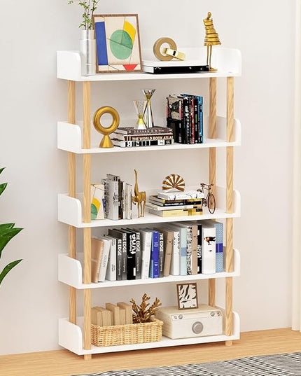 5-Tier Wooden Bookshelf, Modern Open Bookcase with Top Edge and Solid Wood Frame, Freestanding Bookshelf Storage Organizer for Home Office Living Room - LeafyLoom