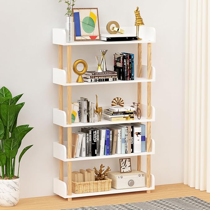 5-Tier Wooden Bookshelf, Modern Open Bookcase with Top Edge and Solid Wood Frame, Freestanding Bookshelf Storage Organizer for Home Office Living Room - LeafyLoom