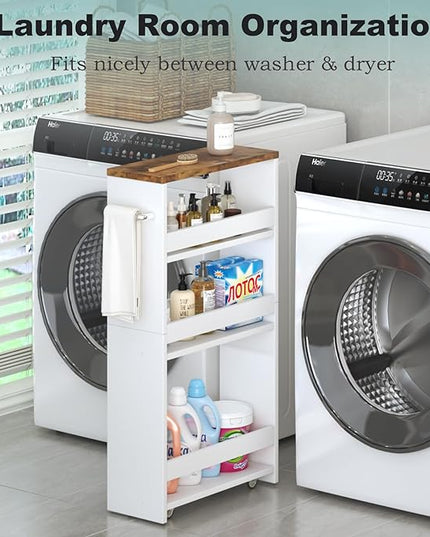 MARTY Rolling Storage Cart 4-Tier White Kitchen cart on Wheels,Slim Storage Cart with Handle Slide Out Utility Cart Shelving Unit Organizer Trolley for Laundry Narrow Places Bathroom Small Corner - LeafyLoom