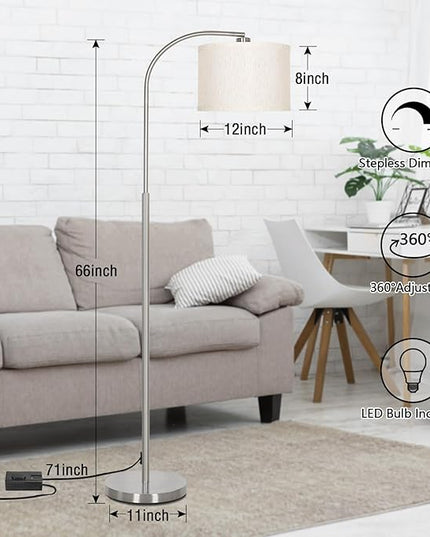 Boncoo Arc Floor Lamp, Dimmable Floor Lamp for Living Room, Silver Modern Standing Lamp with Adjustable Drum Shade, Tall Pole Lamp for Bedroom Study Room Office, 9W 3000K LED Bulb Included - LeafyLoom