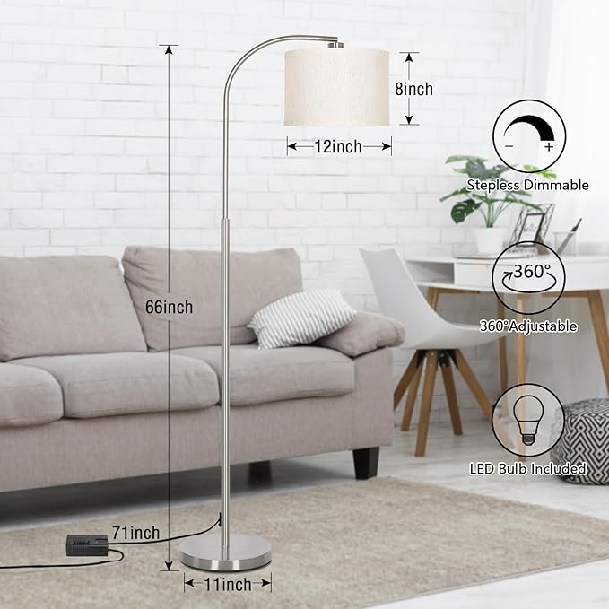 Boncoo Arc Floor Lamp, Dimmable Floor Lamp for Living Room, Silver Modern Standing Lamp with Adjustable Drum Shade, Tall Pole Lamp for Bedroom Study Room Office, 9W 3000K LED Bulb Included - LeafyLoom