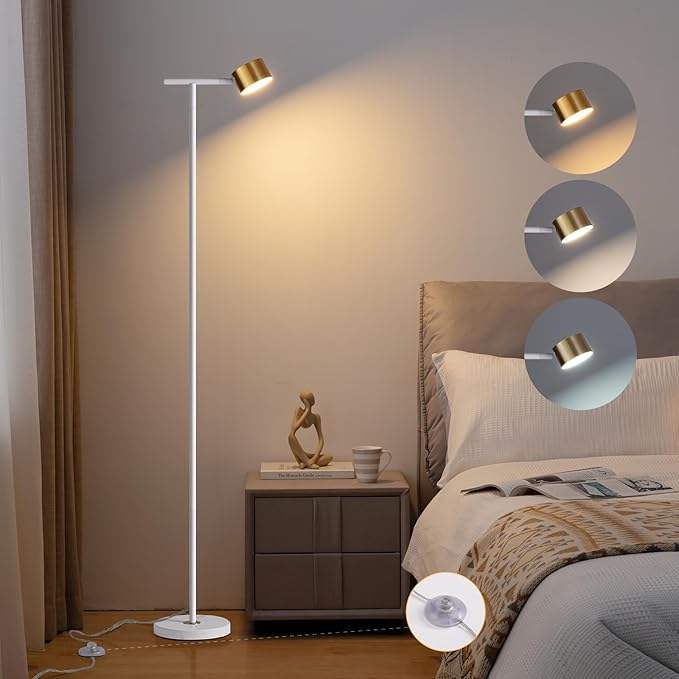 Floor Lamp for bedroom, 3 Color Temperatures Floor Reading Lamp with Flexible Lamp Cap, Modern Bedroom Floor Lamps for Living Room, Simple Design Standing Lamp for Office Working Study, White - LeafyLoom