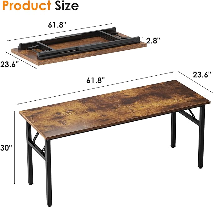 Need Large Computer Desk, 62 inches Long Office Desk, No Install Needed Folding Table Writing Table Workstation for Small Space, Rustic Brown - LeafyLoom