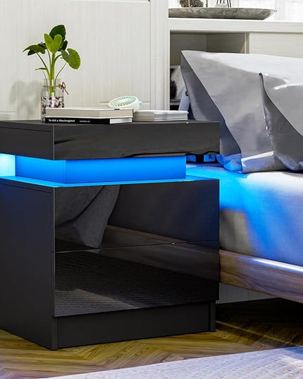 HOMMPA LED Nightstand Black Nightstand with Led Lights Modern Night Stand with 2 High Gloss Drawers Led Bedside Table Smart Nightstand for Bedroom 20.5” Tall - LeafyLoom