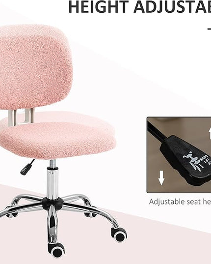 Vinsetto Cute Armless Office Chair, Teddy Fleece Fabric Computer Desk Chair, Vanity Task Chair with Adjustable Height, Swivel Wheels, Mid Back, Pink - LeafyLoom