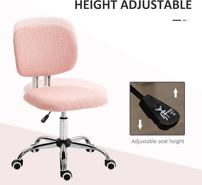 Vinsetto Cute Armless Office Chair, Teddy Fleece Fabric Computer Desk Chair, Vanity Task Chair with Adjustable Height, Swivel Wheels, Mid Back, Pink - LeafyLoom