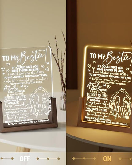 Best Friend Birthday Gifts for Women - Heartwarming Acrylic Plaque with Walnut Night Light - to My Bestie Gifts Unique - Friendship Gifts for Friends Female - LeafyLoom
