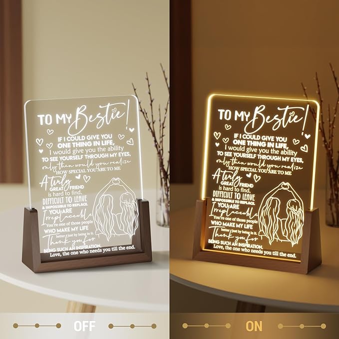 Best Friend Birthday Gifts for Women - Heartwarming Acrylic Plaque with Walnut Night Light - to My Bestie Gifts Unique - Friendship Gifts for Friends Female - LeafyLoom