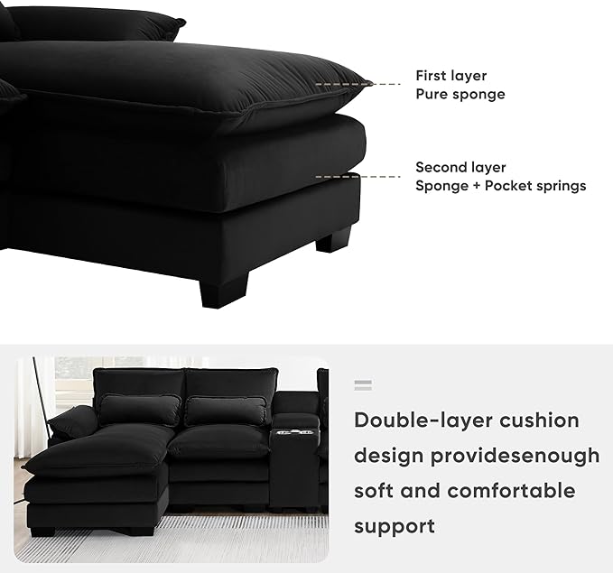 U Shaped Symmetrical Modular Sectional Sofa Cloud Couch with Double Chaise Lounge and Center Console,Cupholders and USB Ports, Deep Seat Upholstered Sleeper Corner Sofa&Couches for Living Room - LeafyLoom