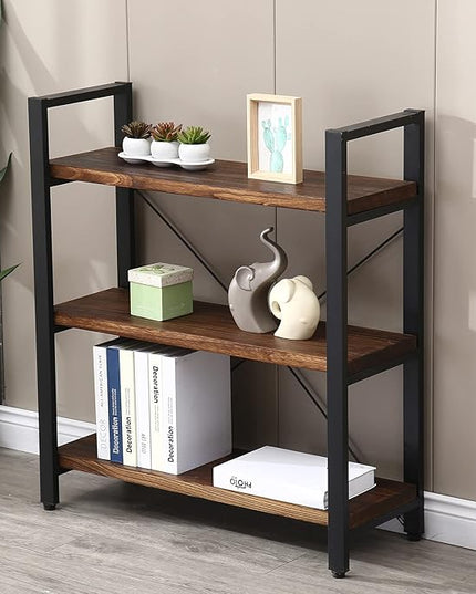 3 Tier Bookcase, Solid Wood Bookshelf Rustic Vintage Industrial Etagere Bookcase, Metal and Wood Free Vintage Bookshelf, Retro Brown (Real Wood) (3-Tier) - LeafyLoom