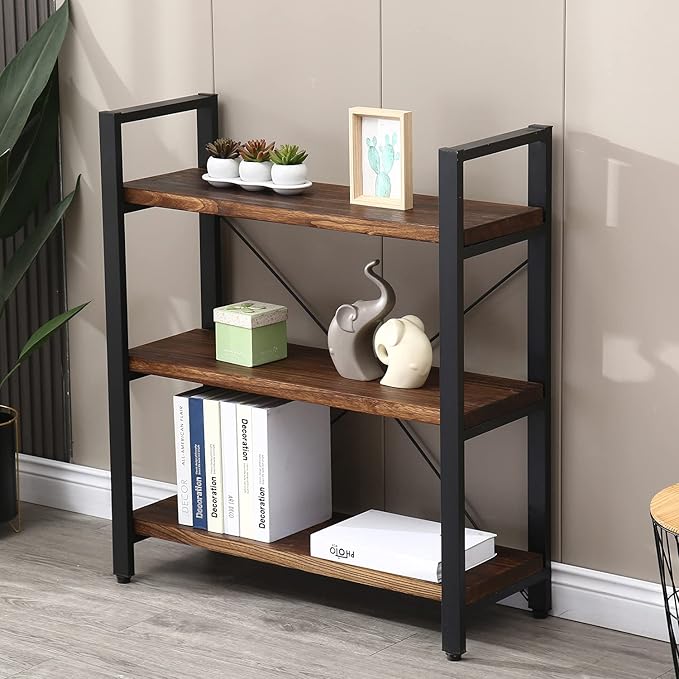 3 Tier Bookcase, Solid Wood Bookshelf Rustic Vintage Industrial Etagere Bookcase, Metal and Wood Free Vintage Bookshelf, Retro Brown (Real Wood) (3-Tier) - LeafyLoom