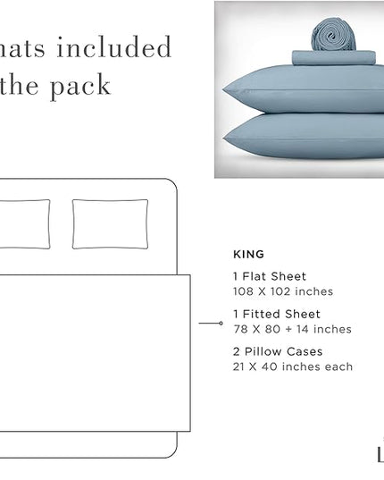 Linen Home Washed Cotton Percale King Sheet Set, Baby Blue, Deep Pocket, 4 Pieces Bed Sheets - 1 Flat Sheet, 1 Fitted Sheet & 2 Envelope Closure Pillowcases, Cool and Comfortable Bed Linen - LeafyLoom