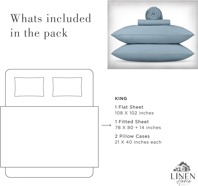 Linen Home Washed Cotton Percale King Sheet Set, Baby Blue, Deep Pocket, 4 Pieces Bed Sheets - 1 Flat Sheet, 1 Fitted Sheet & 2 Envelope Closure Pillowcases, Cool and Comfortable Bed Linen - LeafyLoom