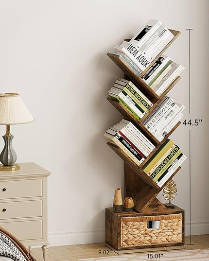 Vagusicc 6 Tier Tree Bookshelf, Modern Floor Standing Bookcase with Storage Drawer, Tall Wood Book Storage Rack for CDs/Books, Utility Book Organizer Shelves for Bedroom/Living Room/Home Office/Corner - LeafyLoom