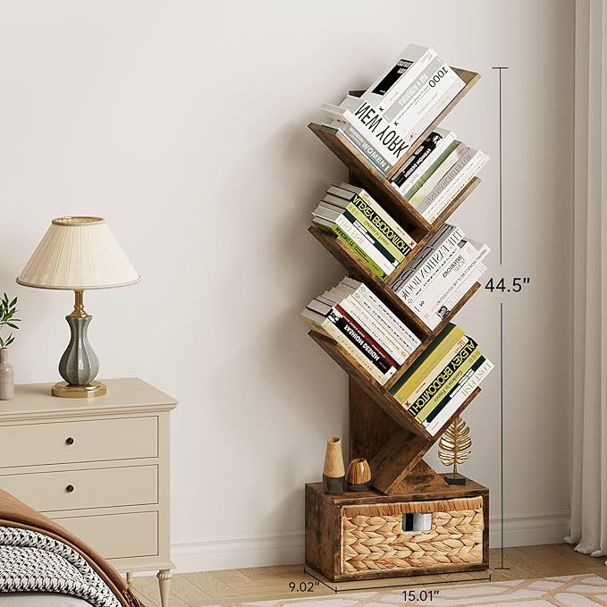 Vagusicc 6 Tier Tree Bookshelf, Modern Floor Standing Bookcase with Storage Drawer, Tall Wood Book Storage Rack for CDs/Books, Utility Book Organizer Shelves for Bedroom/Living Room/Home Office/Corner - LeafyLoom
