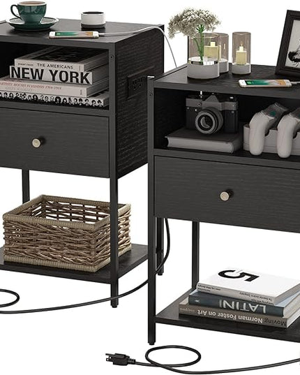 LDTTCUK Nightstand Set of 2 with Charging Station, Modern End Table with Drawer, Bedside Table with Open Storage for Bedroom,Black - LeafyLoom