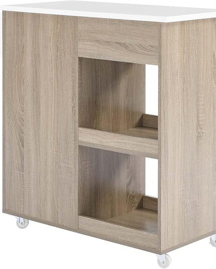 Modway Culinary Rolling Kitchen Cart with Storage in Oak White - 3 Tiers Kitchen Island on Wheels with Spice Rack, Functional as a Coffee Station, Bar Cabinet or Butcher Block Island - LeafyLoom