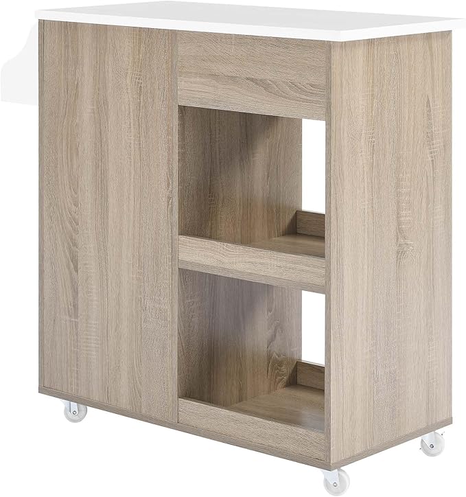 Modway Culinary Rolling Kitchen Cart with Storage in Oak White - 3 Tiers Kitchen Island on Wheels with Spice Rack, Functional as a Coffee Station, Bar Cabinet or Butcher Block Island - LeafyLoom