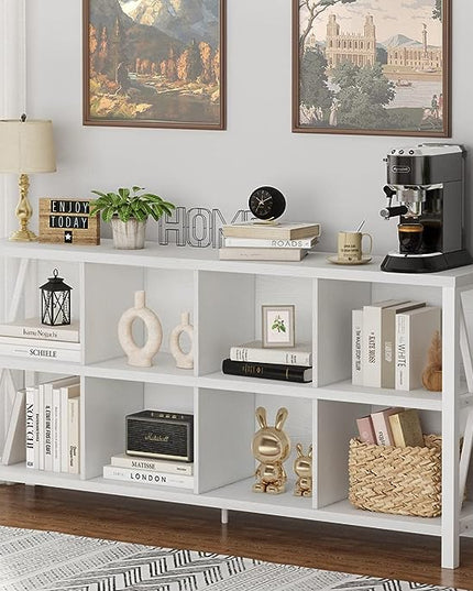 FATORRI 8 Cube Storage Organizer Bookshelf, Rustic Wood Cubby Bookcase, Industrial Horizontal Long Shelf for Living Room (White Oak, 62 Inch) - LeafyLoom