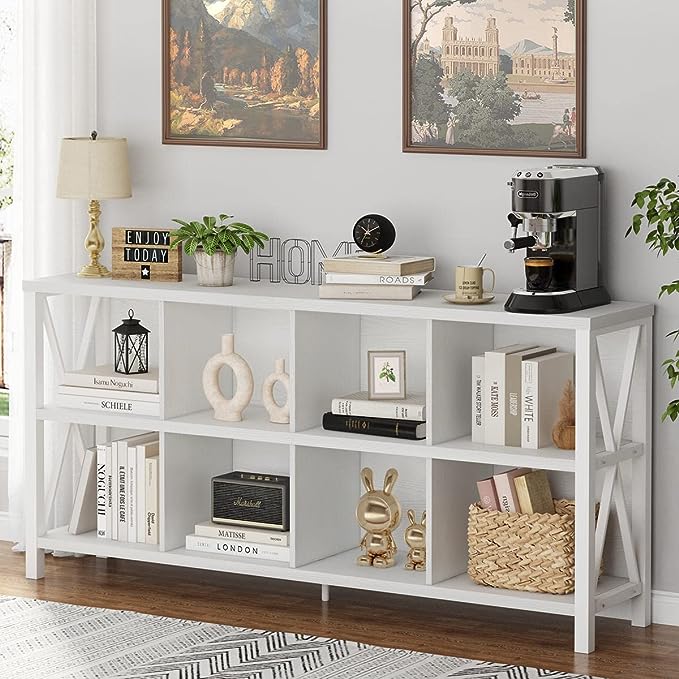 FATORRI 8 Cube Storage Organizer Bookshelf, Rustic Wood Cubby Bookcase, Industrial Horizontal Long Shelf for Living Room (White Oak, 62 Inch) - LeafyLoom