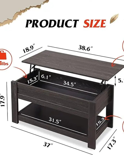 WLIVE Coffee Table, 39" Lift Top Coffee Table with Hidden Compartment and Storage Shelf for Living Room, Espresso - LeafyLoom