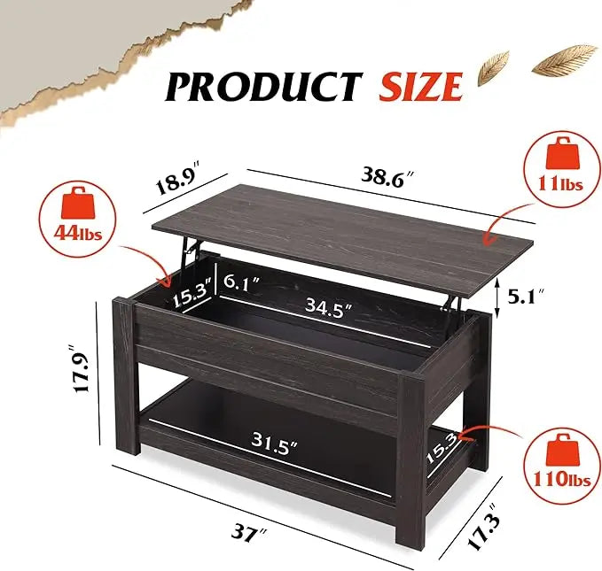 WLIVE Coffee Table, 39" Lift Top Coffee Table with Hidden Compartment and Storage Shelf for Living Room, Espresso - LeafyLoom