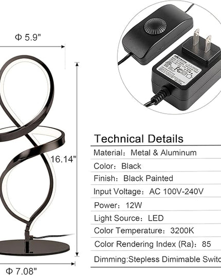 Modern Table Lamp, LED Spiral Lamp, Black Bedside Lamp with Stepless Dimming Switch, Contemporary Nightstand Lamp, LED Lamp for Bedroom Living Room Home Office, 12W, 3200K Warm White - LeafyLoom
