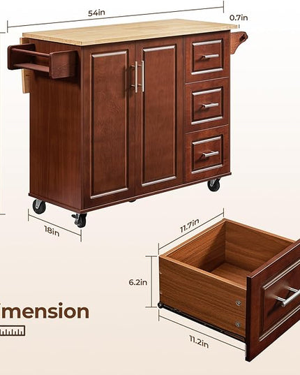 54" Large Kitchen Island Cart with Drop Leaf, Kitchen Island with Storage, Rolling Kitchen Island with Inside Cabinet, 3 Drawers, Spice Rack, Towel Rack and Wood Tabletop(Brown) - LeafyLoom
