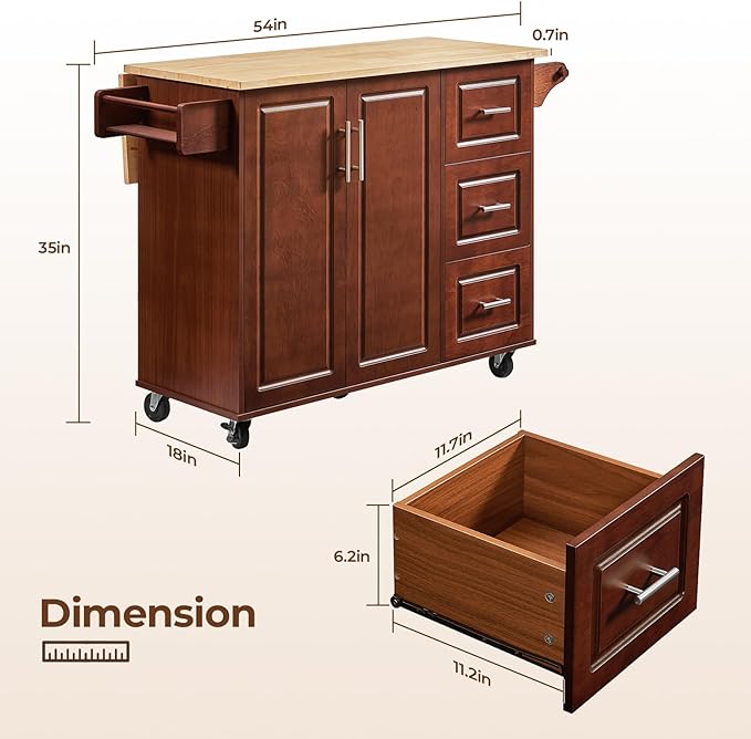 54" Large Kitchen Island Cart with Drop Leaf, Kitchen Island with Storage, Rolling Kitchen Island with Inside Cabinet, 3 Drawers, Spice Rack, Towel Rack and Wood Tabletop(Brown) - LeafyLoom