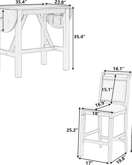 Voohek, Small 3-Piece Counter Height Dining Table Set, with Drop Leaf, 2 Upholstered Chairs, Space, Bar, Home Kitchen Breakfast, White - LeafyLoom