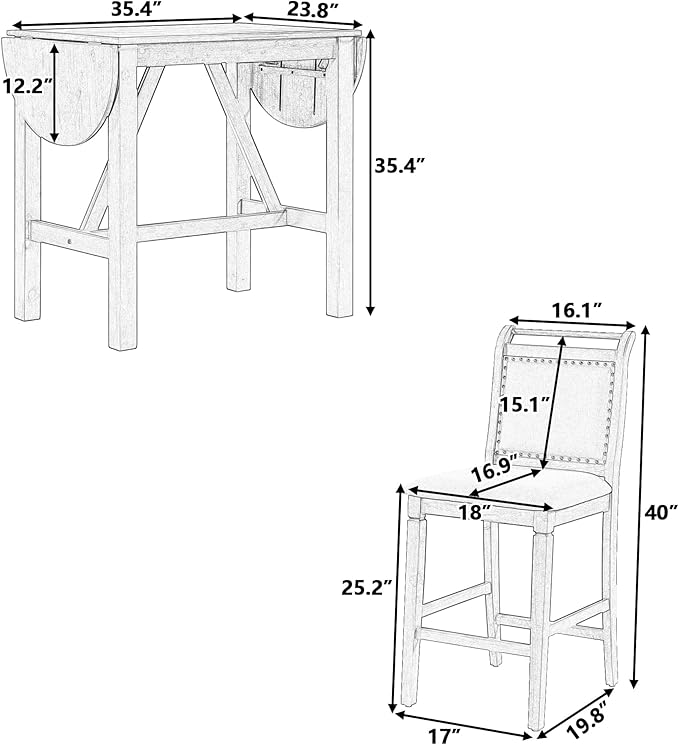 Voohek, Small 3-Piece Counter Height Dining Table Set, with Drop Leaf, 2 Upholstered Chairs, Space, Bar, Home Kitchen Breakfast, White - LeafyLoom