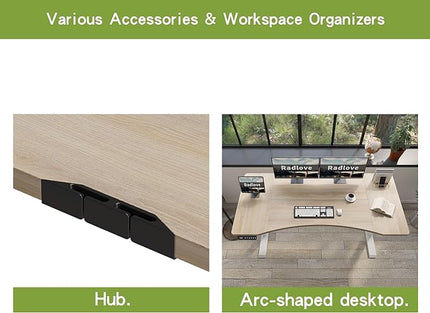 Radlove Dual Motors Height Adjustable 55 x 30'' Electric Standing Desk with Curved Design Stand Up Table 4 Memory Keys, Computer Desk with Splice Board Home Office Desk, Oak Top + White Frame - LeafyLoom