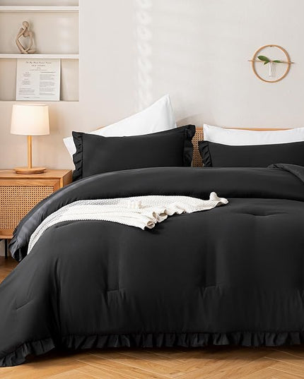 JANZAA Black Comforter Set Twin Comforter Set Ruffled Comforter Set Soft Twin Size Bed Set Vintage Farmhouse Bed Comforter Set Shabby Fluffy Bedding (1 Solid Color Comforter and 1 Pillowcase) - LeafyLoom