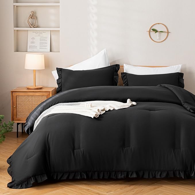 JANZAA Black Comforter Set Twin Comforter Set Ruffled Comforter Set Soft Twin Size Bed Set Vintage Farmhouse Bed Comforter Set Shabby Fluffy Bedding (1 Solid Color Comforter and 1 Pillowcase) - LeafyLoom