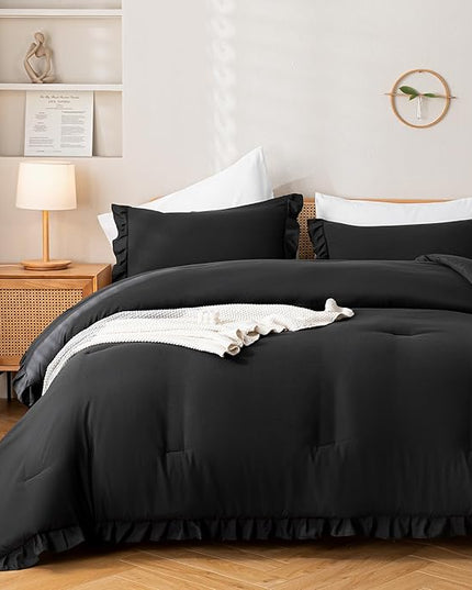 JANZAA Queen Comforter Set Black Comforter Set 3PCS (1 Ruffled Comforter Set and 2 Pillowcases) Shabby Chic Bedding Vintage Soft Fluffy Bed Set for All Season - LeafyLoom