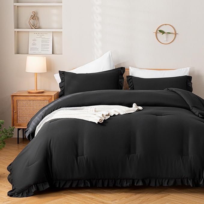 JANZAA Queen Comforter Set Black Comforter Set 3PCS (1 Ruffled Comforter Set and 2 Pillowcases) Shabby Chic Bedding Vintage Soft Fluffy Bed Set for All Season - LeafyLoom